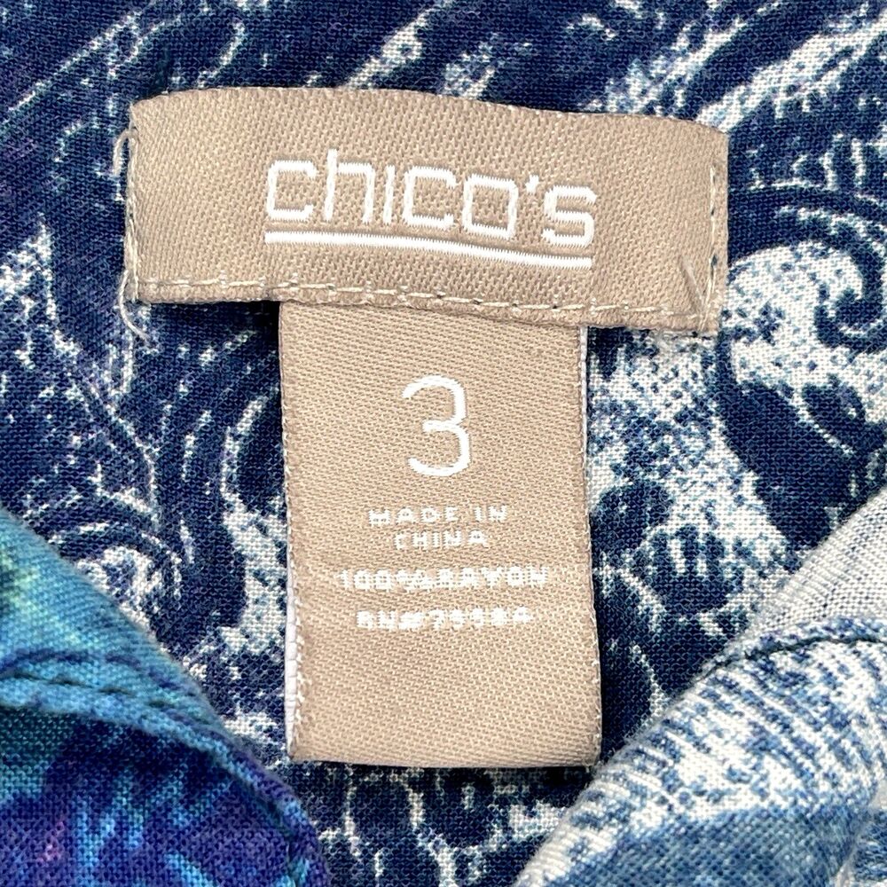 Chicos Top Sz 3 Womens Size XL Button Front Roll Tab Sleeve Blue Floral Pockets - Picture 5 of 11